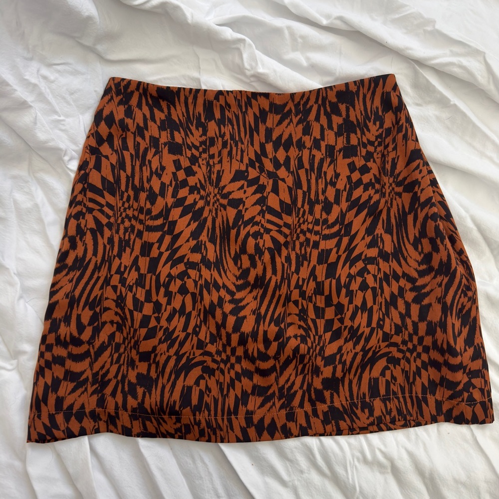 Free People Black and Brown Abstract Satin Mini Skirt